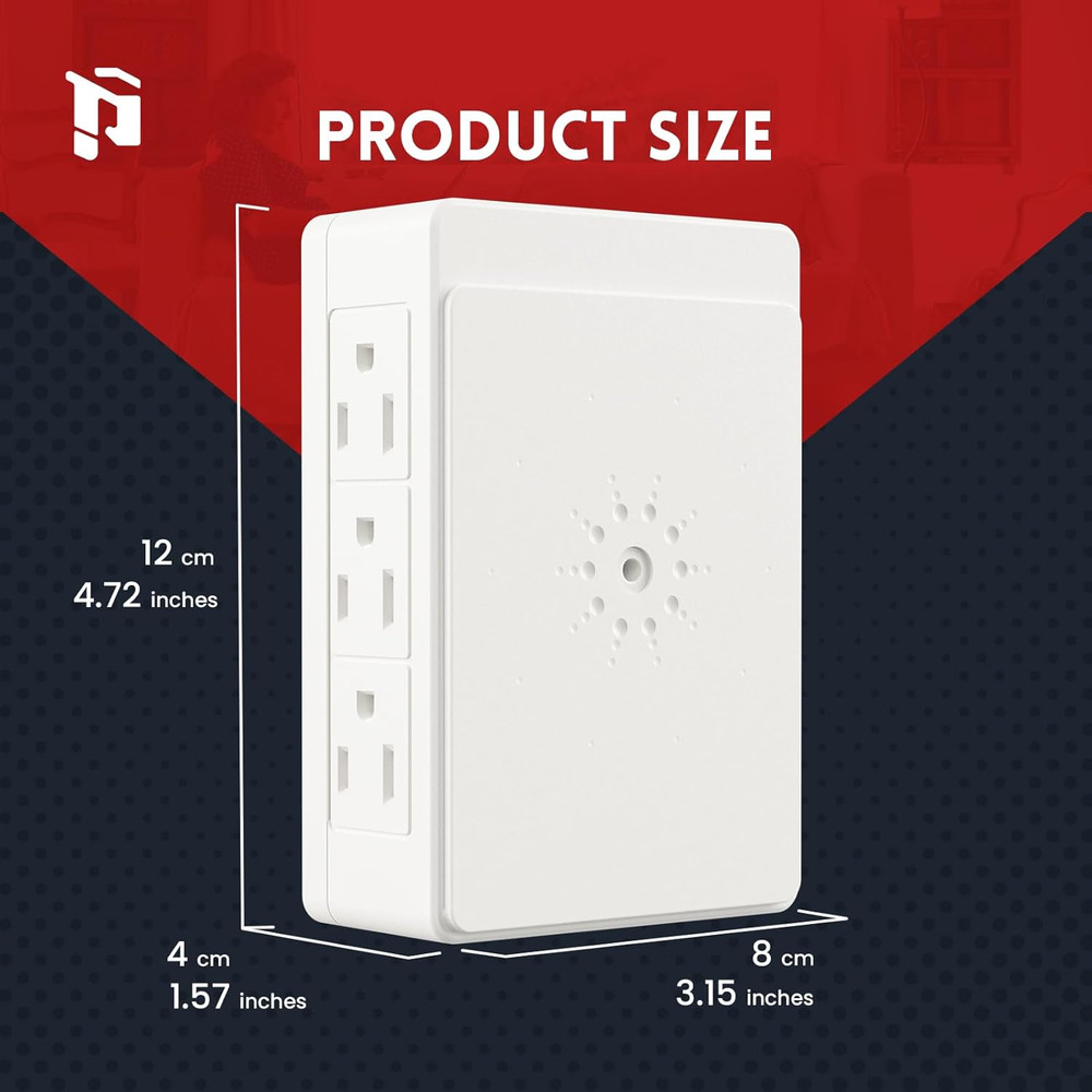2 Pack Side Outlet Plug Adapter, 6-Outlet Extender, 3-Prong, Multiple Plug, Wall