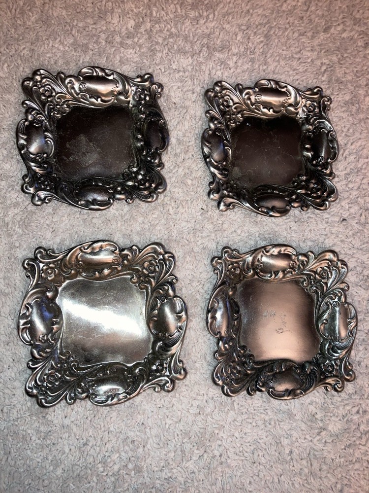 4 Silver Plated Oxidized Brass Art Nouveau 3 1/2” Floral Pin Tray Stampings