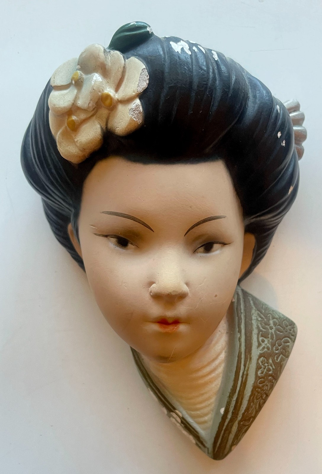 Vintage 50s Chalkware Geisha Head Asian Wall Art Hand Painted Girl