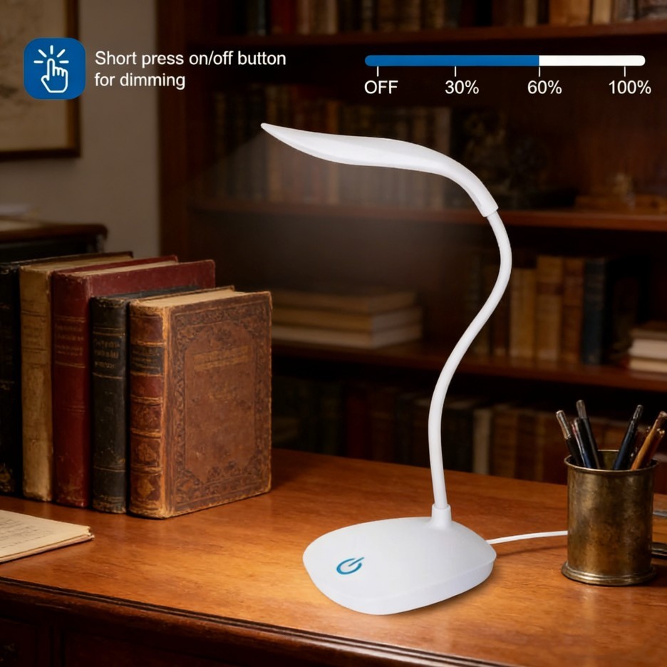 USB LED Desk Light Dimmable Bedside Reading Lamp Rechargeable Touch Control -&+