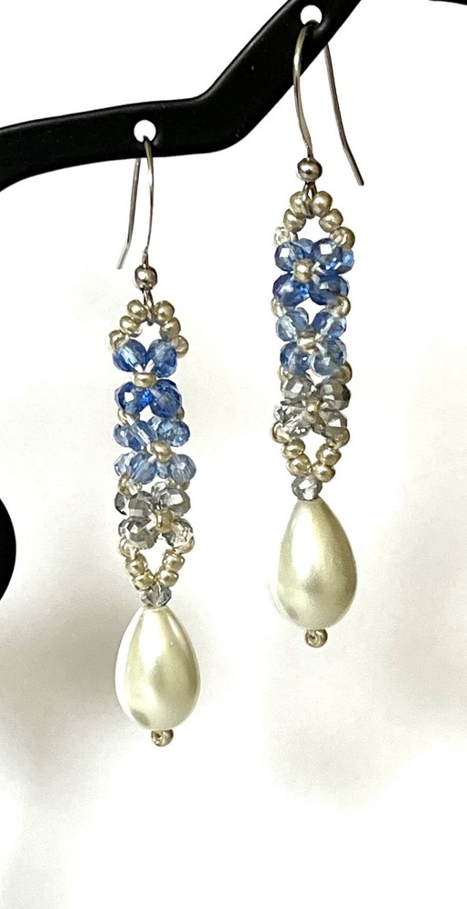 Handmade Sapphire Pearl Drop Beaded Earrings