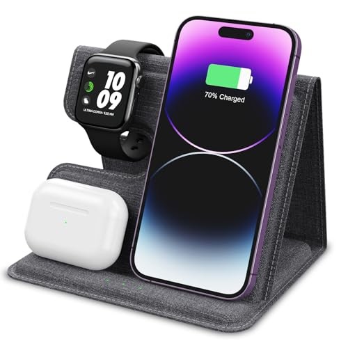 ALPHA DIGITAL 3-IN-1 FOLDABLE WIRELESS CHARGING STATION, PU LEATHER - GRAY