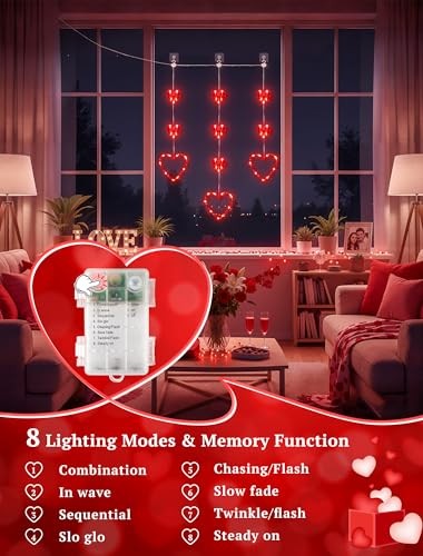 Valentine's Day Window Lights, Battery/USB Powered with Timer, 5FT 65LED 3