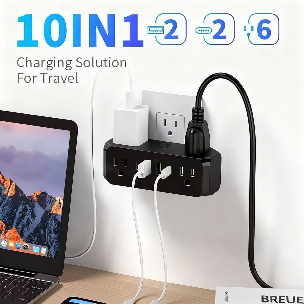 Multi Plug Outlet Surge Protector, 6 Outlet Wall Extender with 2 USB A & 2 USB C