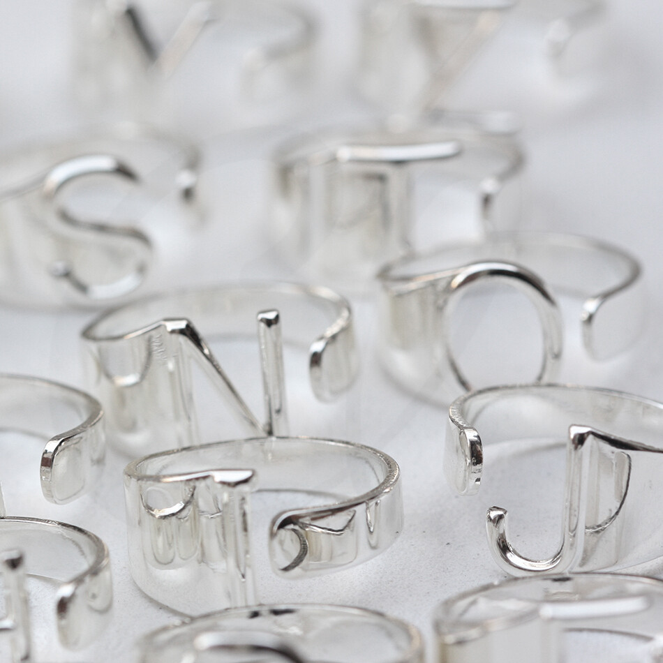 2 Pieces Silver Plated Brass Alphabet Finger Ring Base- Adjustable 4532C
