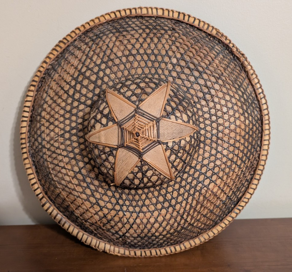 Vintage Filipino Salakot Woven Rattan and Coconut Fiber Sun Hat 15” Diameter