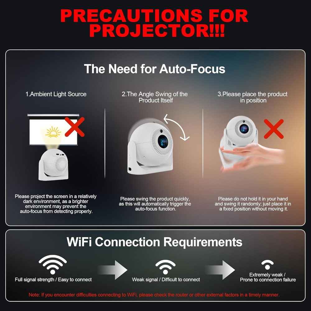 Smart Mini Projector with Wifi & Bluetooth, 4K Support 180° Rotatable Auto Focus