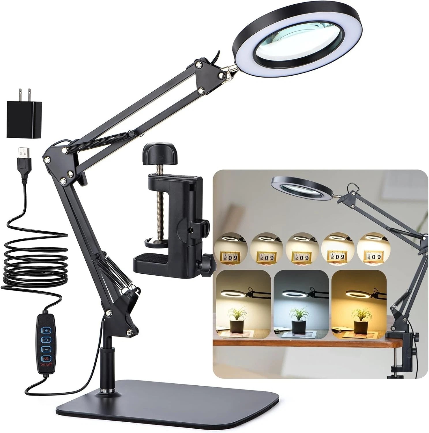 5-Diopter Glass Lens Magnifying Lamp, Adjustable Arm-