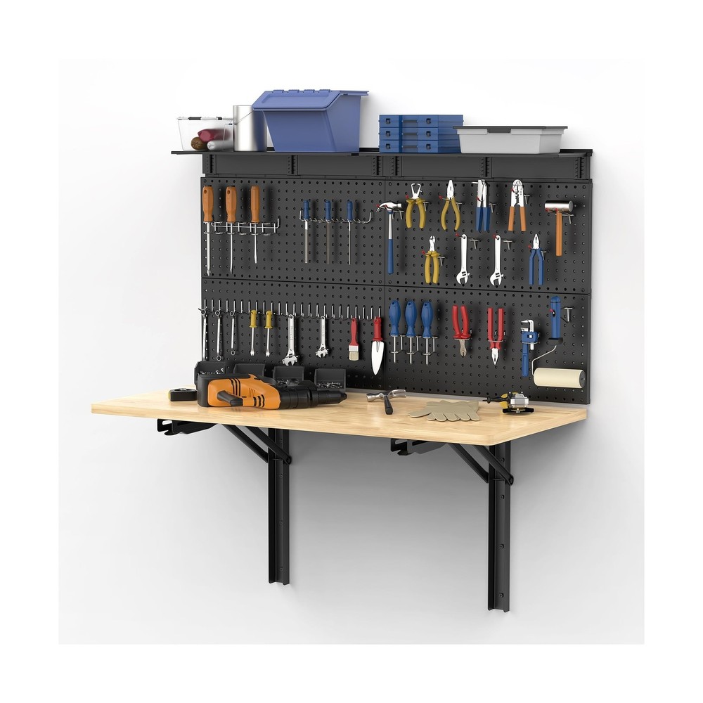 Ultrawall Wall Mounted Workbench with Pegboard, Folding Down Work Table Metal...