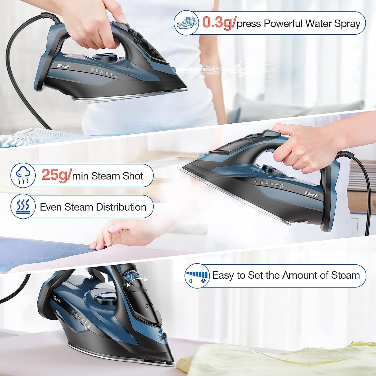 Sundu Steam Iron for Clothes with Rapid Heating Ceramic Coated Soleplate, 1700W