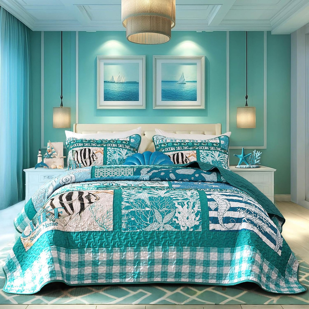 Coastal King Size Quilt Set 3PC Reversible Lightweight Ocean Patchwork Bedspread
