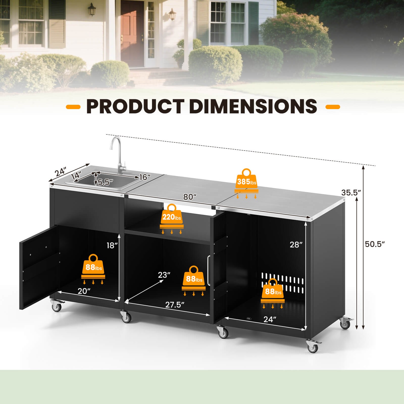 80" Outdoor Grill Table with Sink Drainage Cabinet Removable Stainless Steel Top