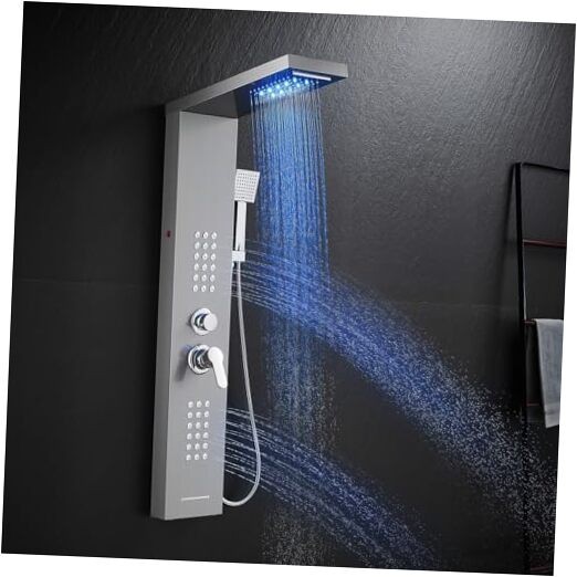 LED Shower Panel Tower System, Rainfall Waterfall 5 Modes-Brushed-2 Jets