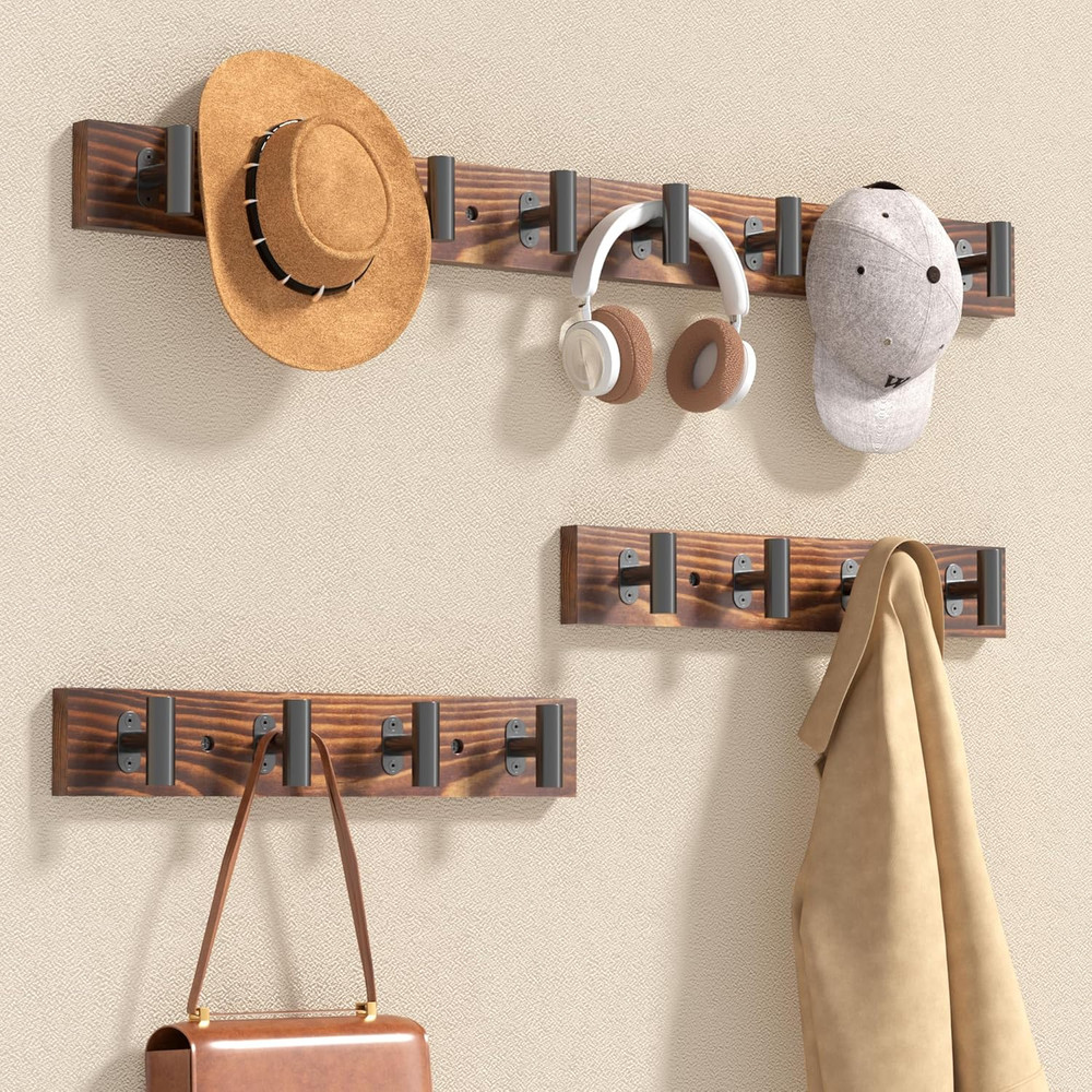 4 Pack Coat Rack Wall Mount, Rustic Coat Hooks Wall Mounted with 16 Black Metal