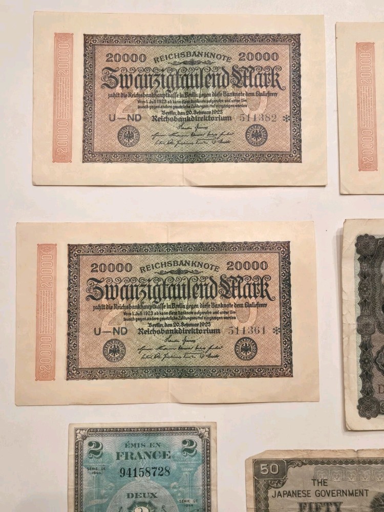LOT (7) ORIGINAL VINTAGE WW2 GERMAN FRANCE JAPANESE CURRENCY BANKNOTES