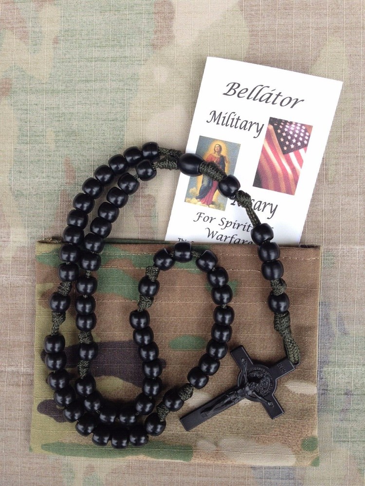 "Bellátor" Military Rosary-2" Black St Benedict Crucifix & Army/Air Force Pouch