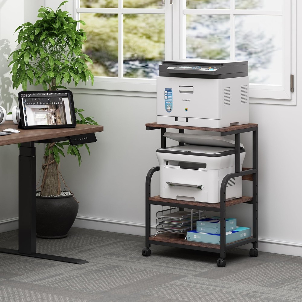 Printer Table Stand with Height Adjustable Shelf, 3 Tier Rolling Printer Cart...