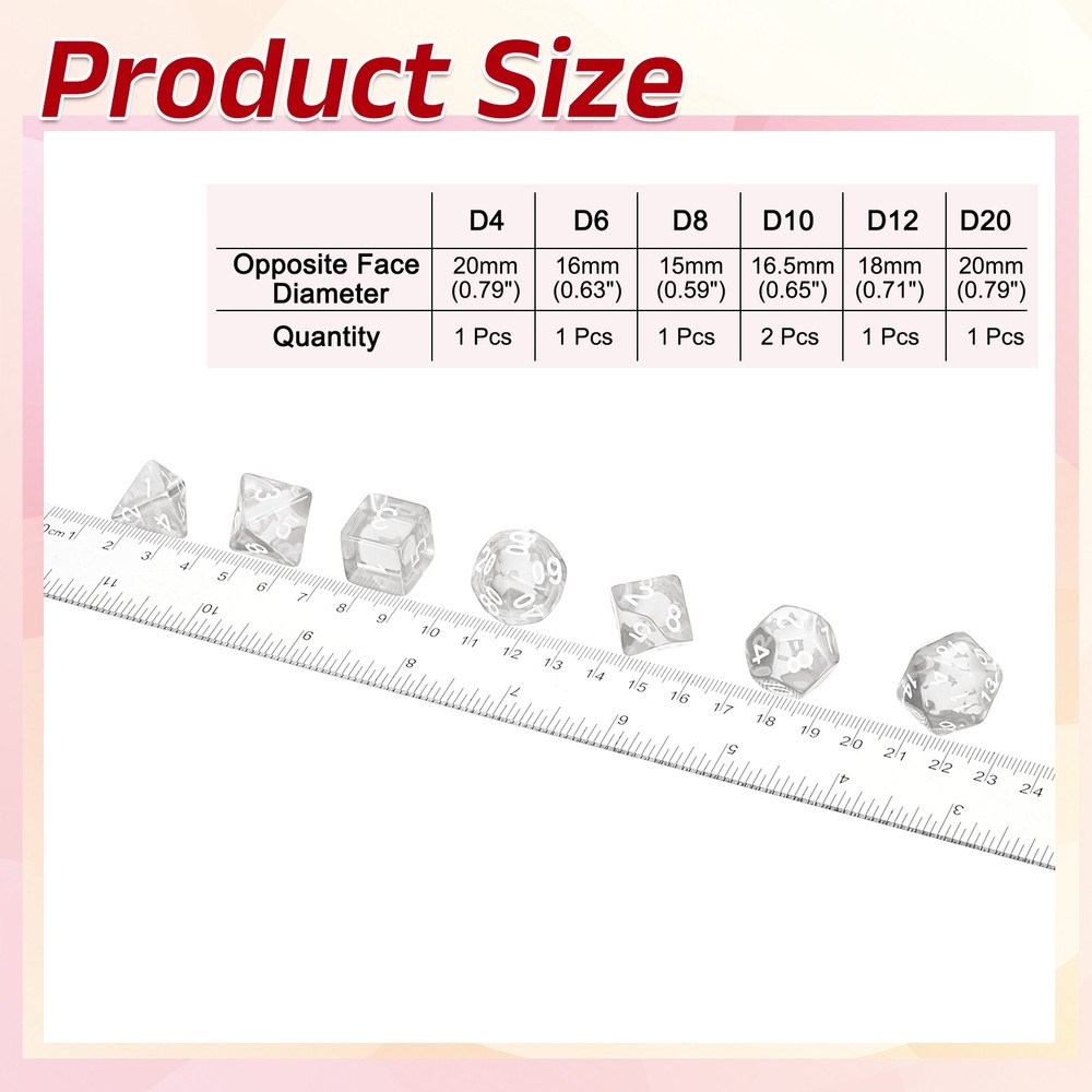 7pcs polyhedral dice set for role playing games, transparent white