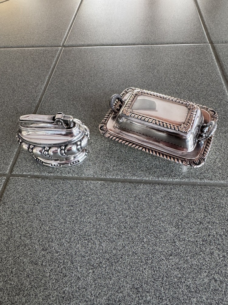 Ronson Crown Silver Plated Butane Table Lighter and silver plated cigarette box.
