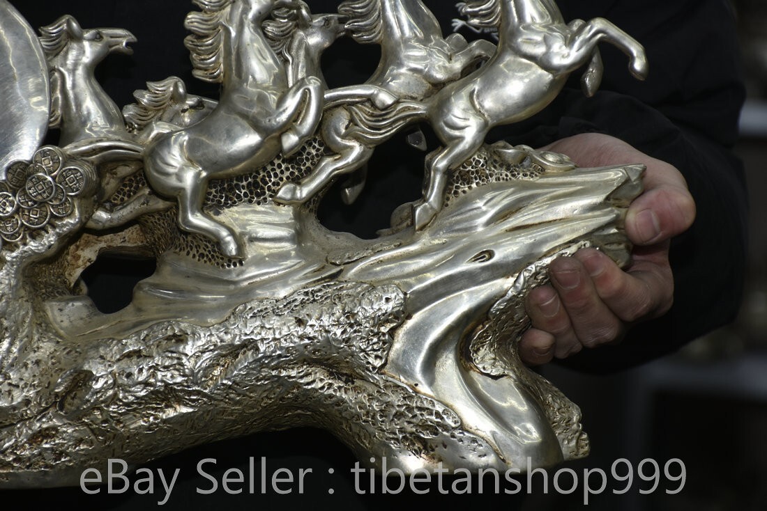 14.8" Rare Old Chinese Dynasty Silver Fengshui 12 Zodiac 8 Horse Word Statue