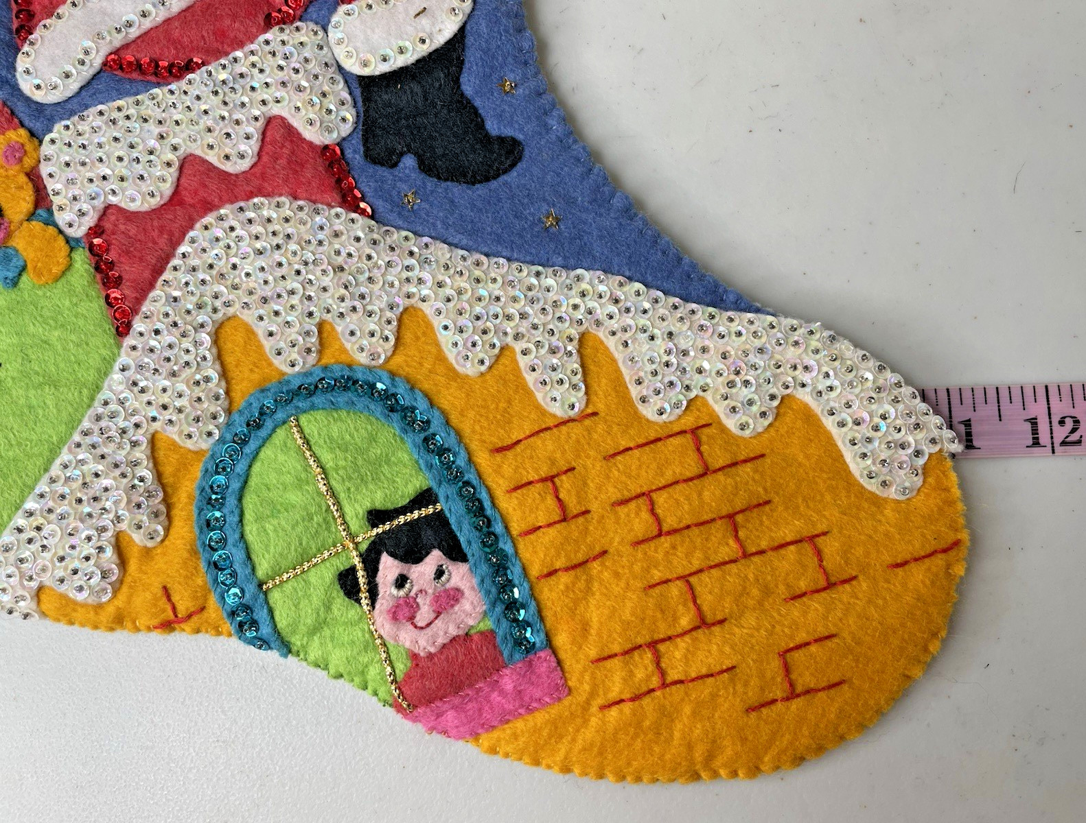 Vintage Name Rachel 3D Santa Claus Trumpet Music Bear Beaded Christmas Stocking