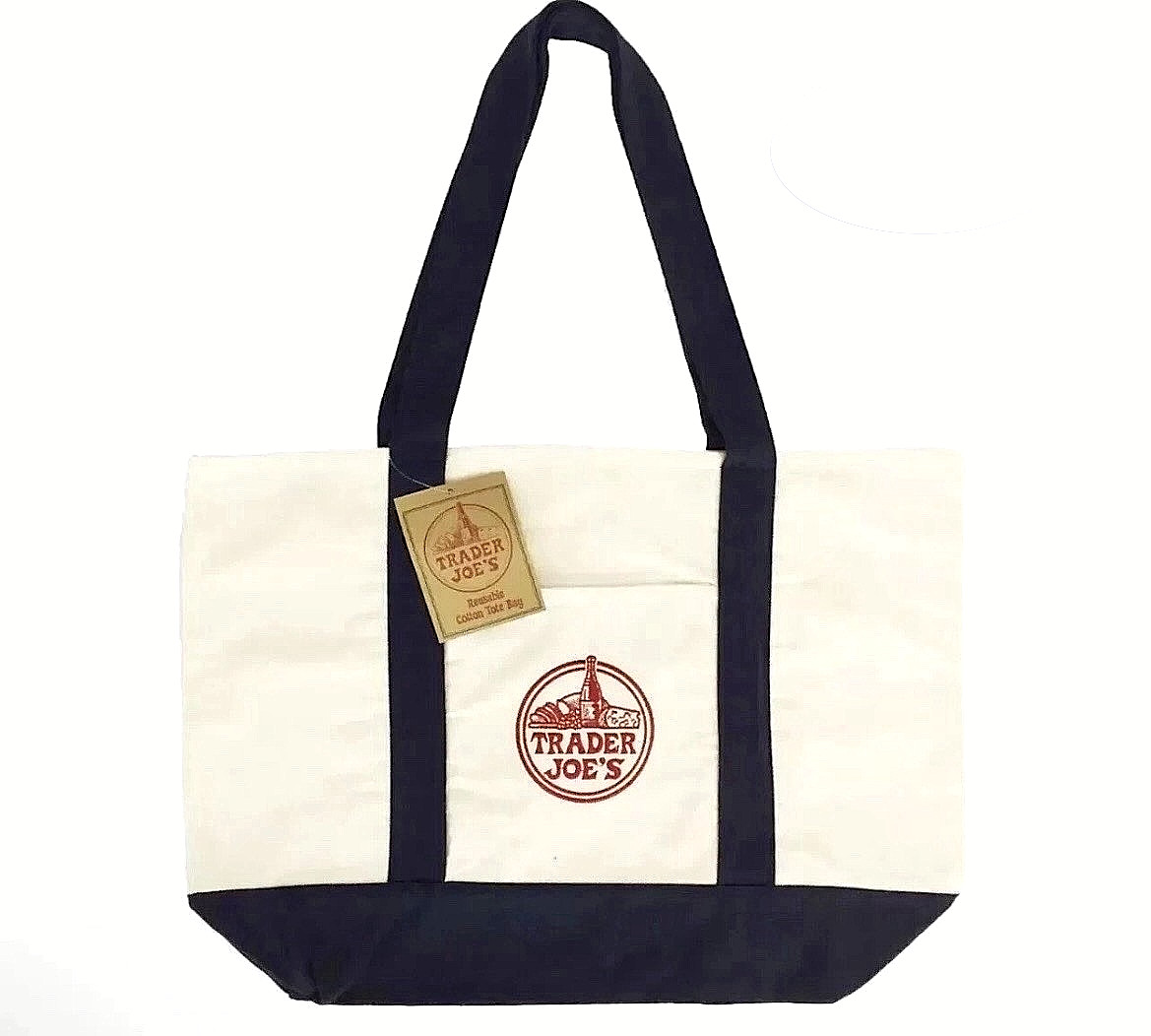TRADER JOE'S LARGE CANVAS BAG HEAVY COTTON REUSABLE SHOPPING BAG LARGE NAVY BLUE