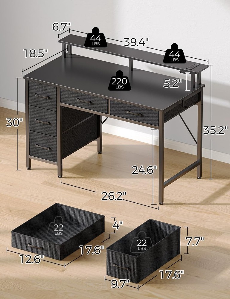 Seventable Computer Desk with Power Outlets & LED Light, 39 inch Home Office ...