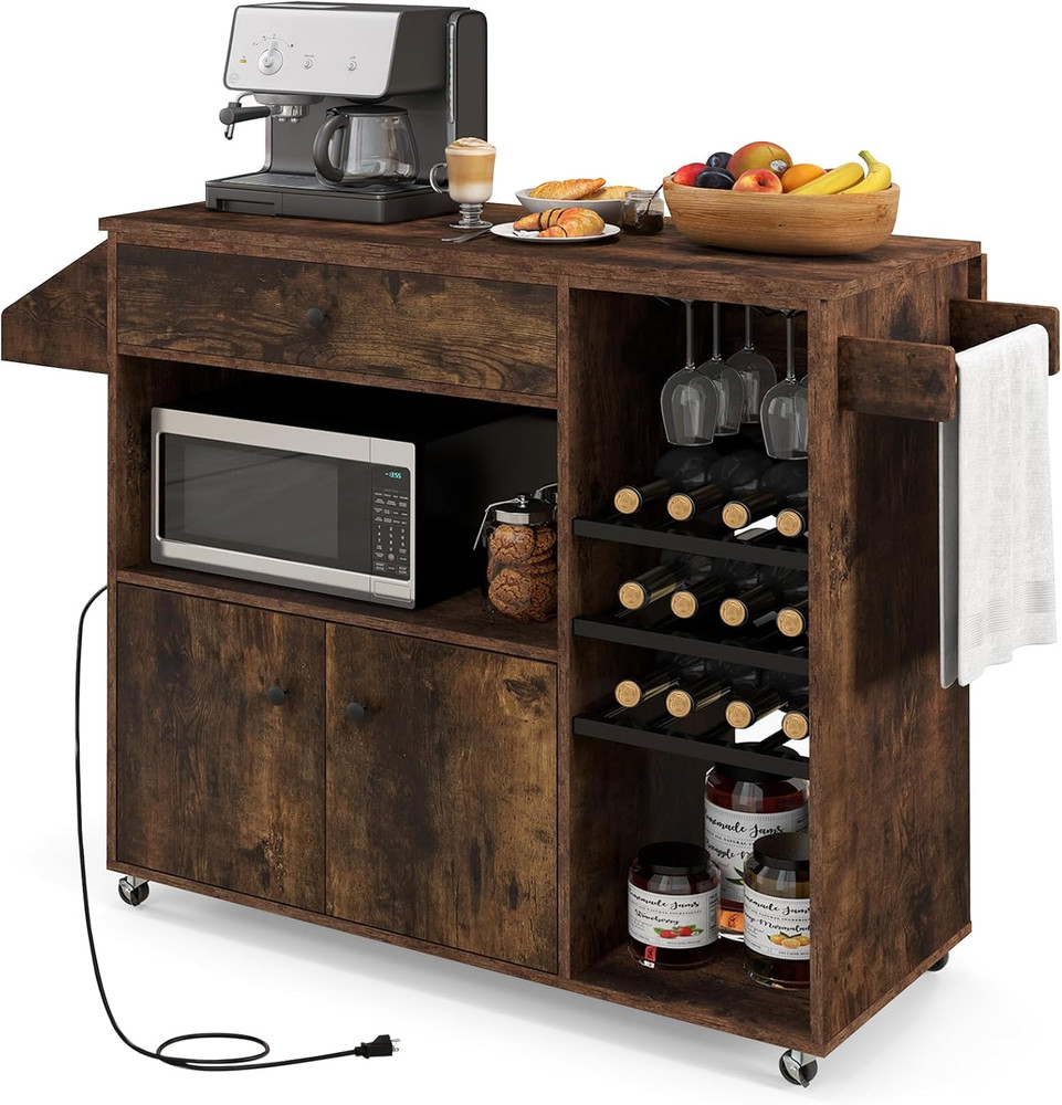 Rustic Brown Rolling Kitchen Island Cart with Drop-Leaf & Power Outlet
