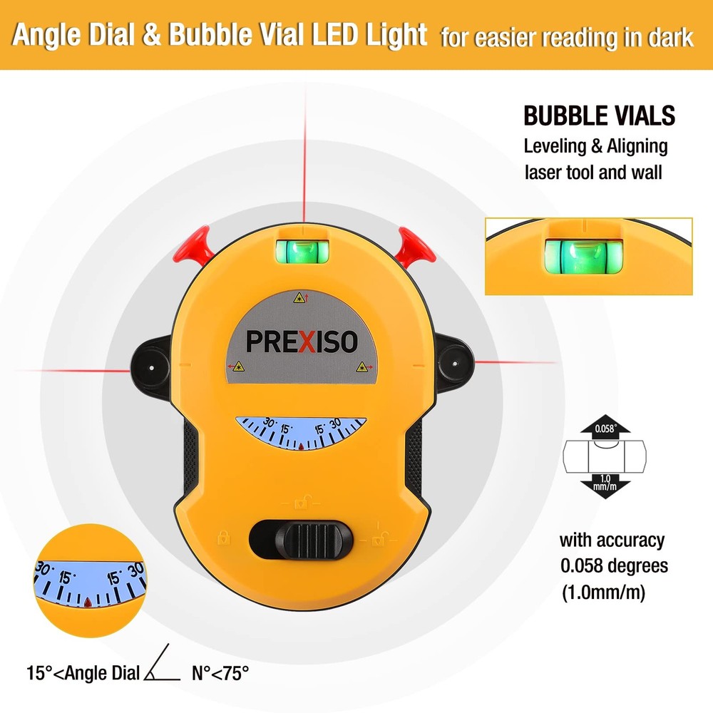 PREXISO Multi Surface Laser Level LED Light Vial, 30Ft Horizontal & Black