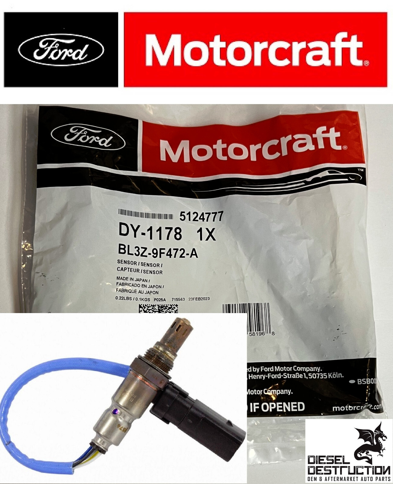 NEW DY-1178 OEM MOTORCRAFT 5-WIRE OXYGEN SENSOR FORD # BL3Z-9F472-A