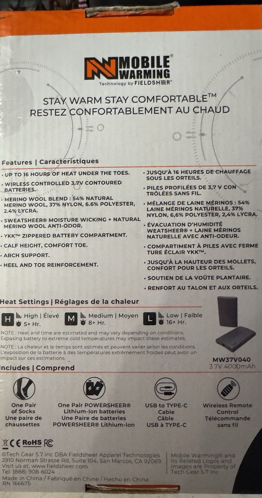 Mobile Warming Merino Wool Heated Socks Size XL with Wireless Remote Unisex