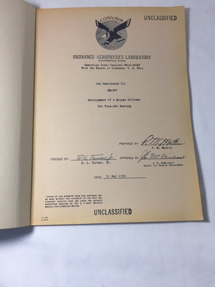 Convair ~ 11 May 1959 Development of a Bypass Diffuser For Free Jet Testing