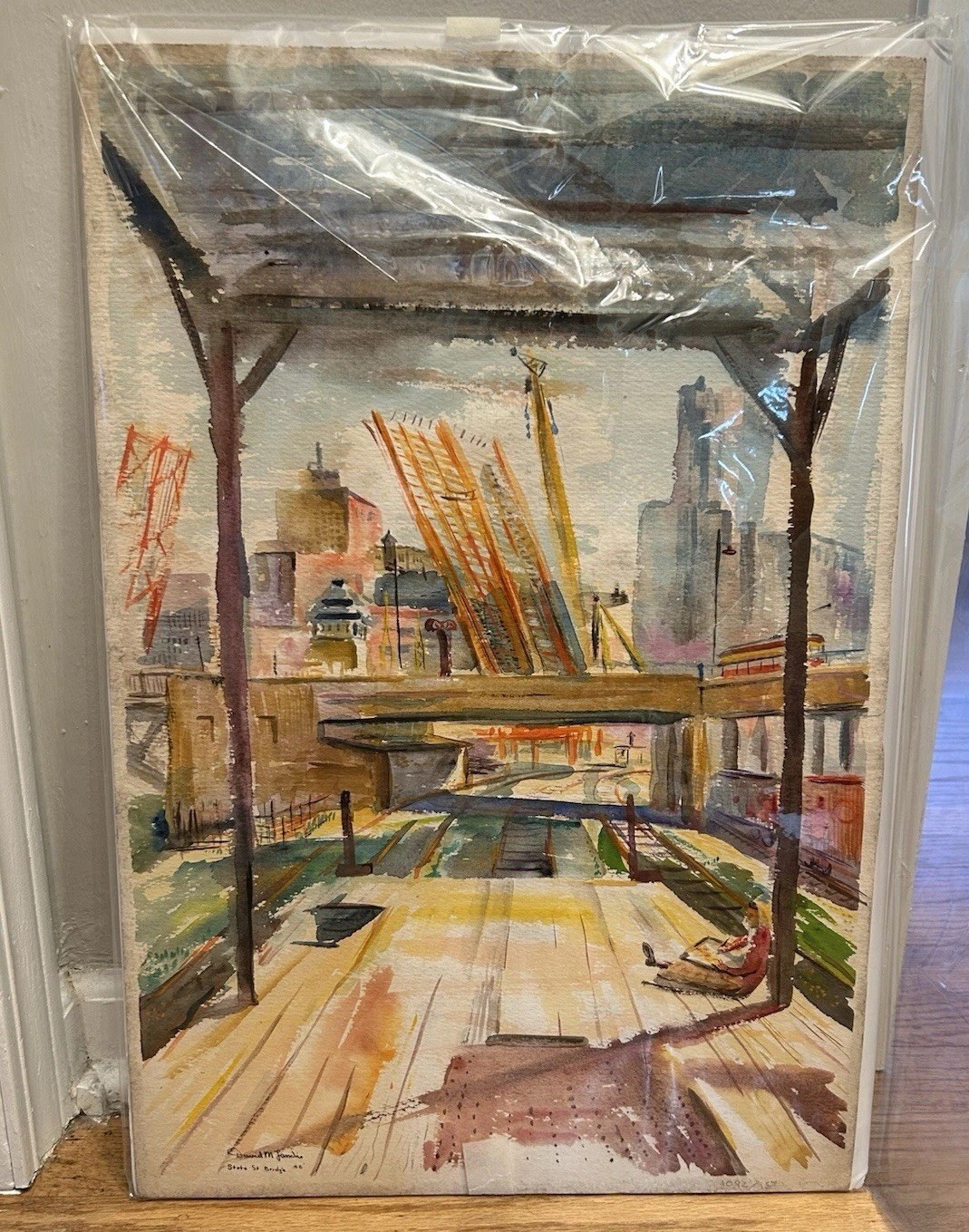 David Landis Chicago Modernist Artist Watercolor State Street Bridge 1948 Look!!