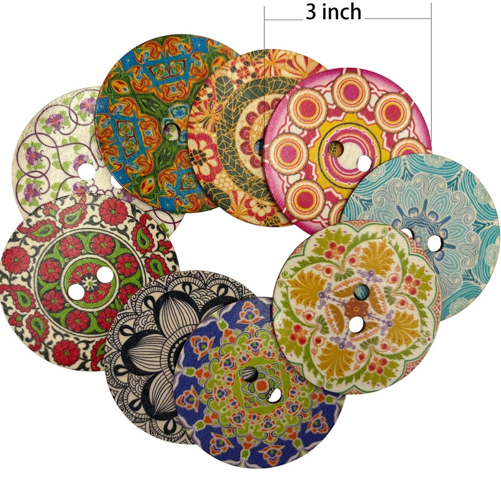 Decorative Wood Buttons with Mandala Patterns, 3 Inch, 20 Pack, Multicolor St...