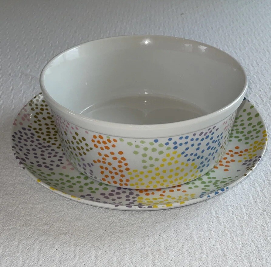 🐣 Fitz & Floyd Confetti Dots SET Rainbow China Casserole & 12" Plate Easter