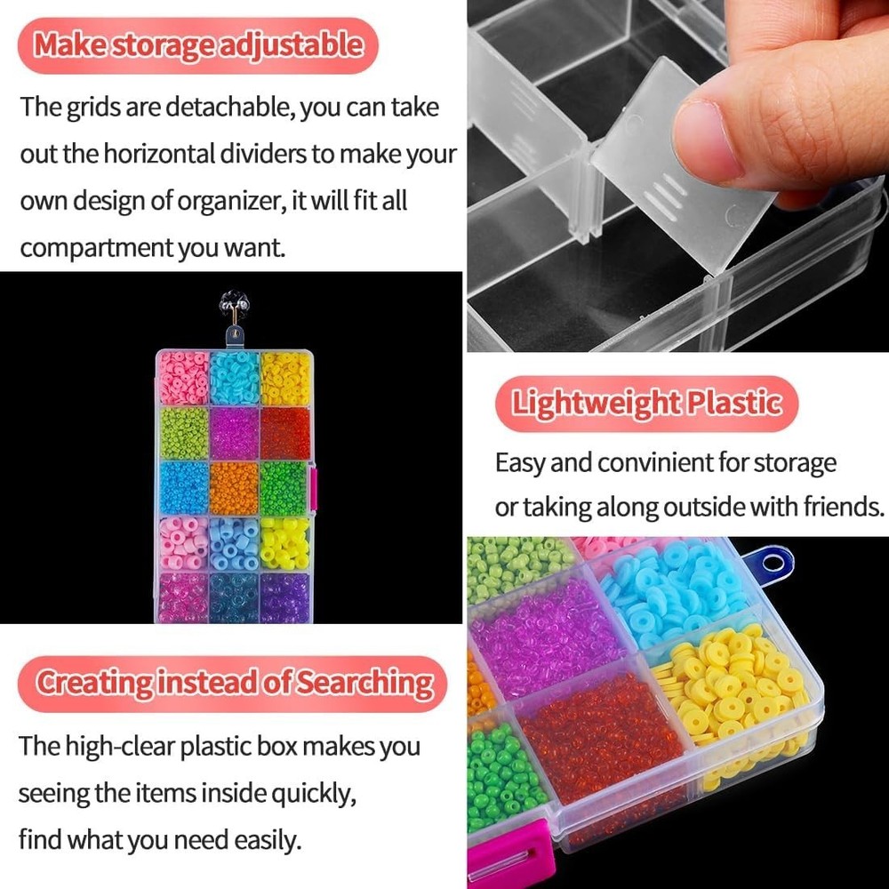 Clear Plastic Bead Box with Secure Lock and Customizable Grids - 15 Compartment