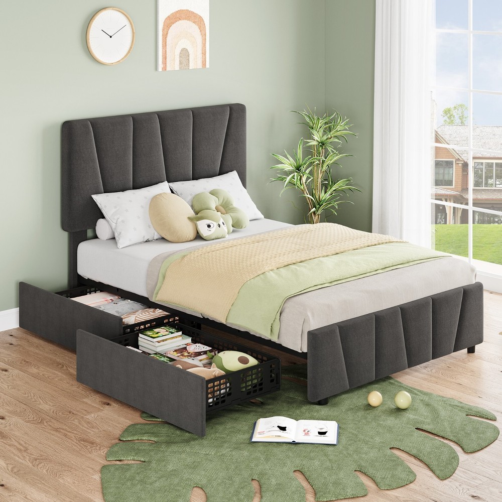 Twin Size Bed Frame with 2 Storage Drawers Linen Upholstered Headboard Platform