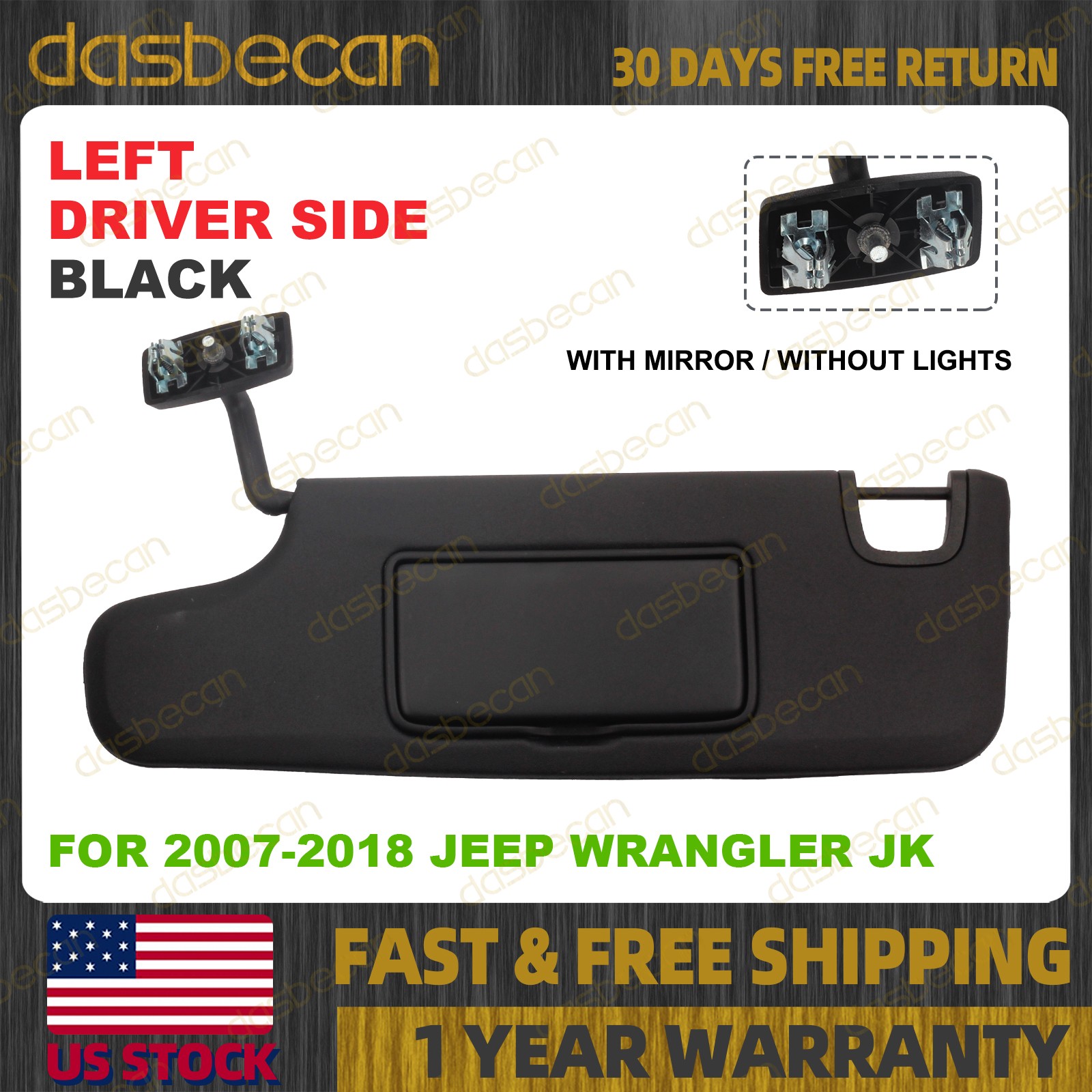 Black Left Driver Side Sun Visor wIth Mirror For Jeep Wrangler JK 2007-2018
