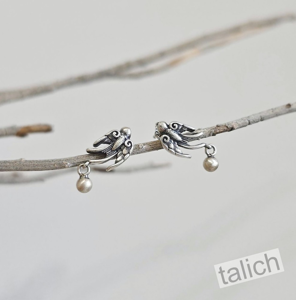 Sterling Silver Flying Swallow Bird with Tiny Bead Small Stud Earrings Unique