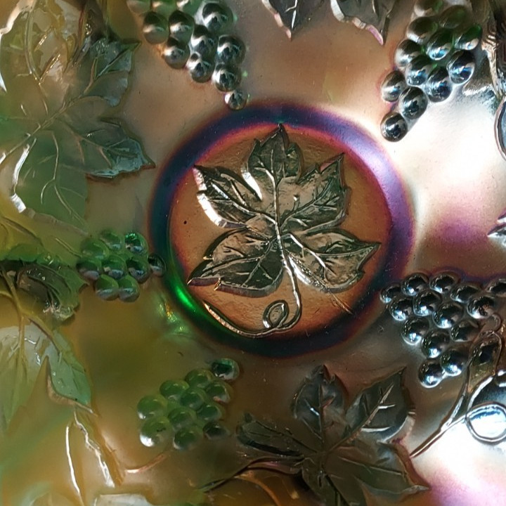 Fenton Grape and Leaves Green Iridescent Carnival Glass Bowl 1911-1918