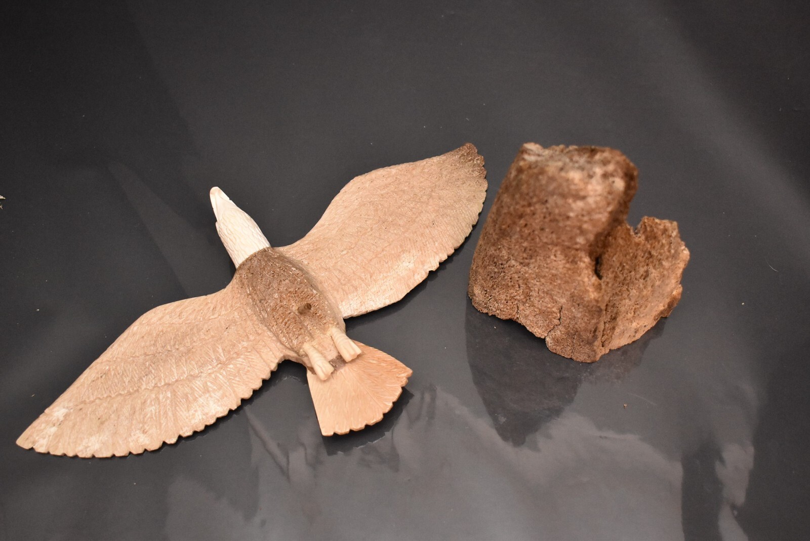 INUIT Figure Fossilized BUFFALO BONE CARVED EAGLE Northwest Coast Sculpture