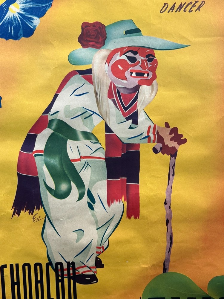 Vtg 50s Garden of Mexico Los Viejitos Dancer Original Tourism Poster 23"x35" O1