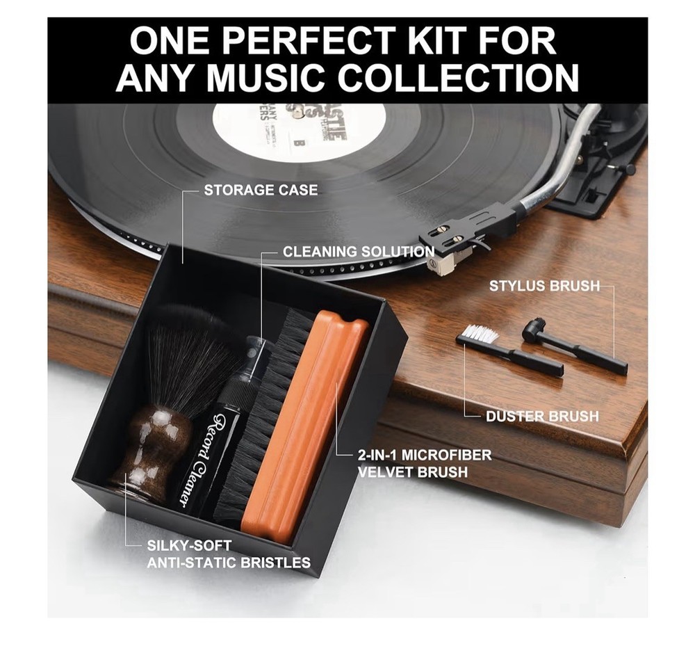Vinyl Record & Turntable Cleaning Kit with Brushes, Solution, Cloth, Case