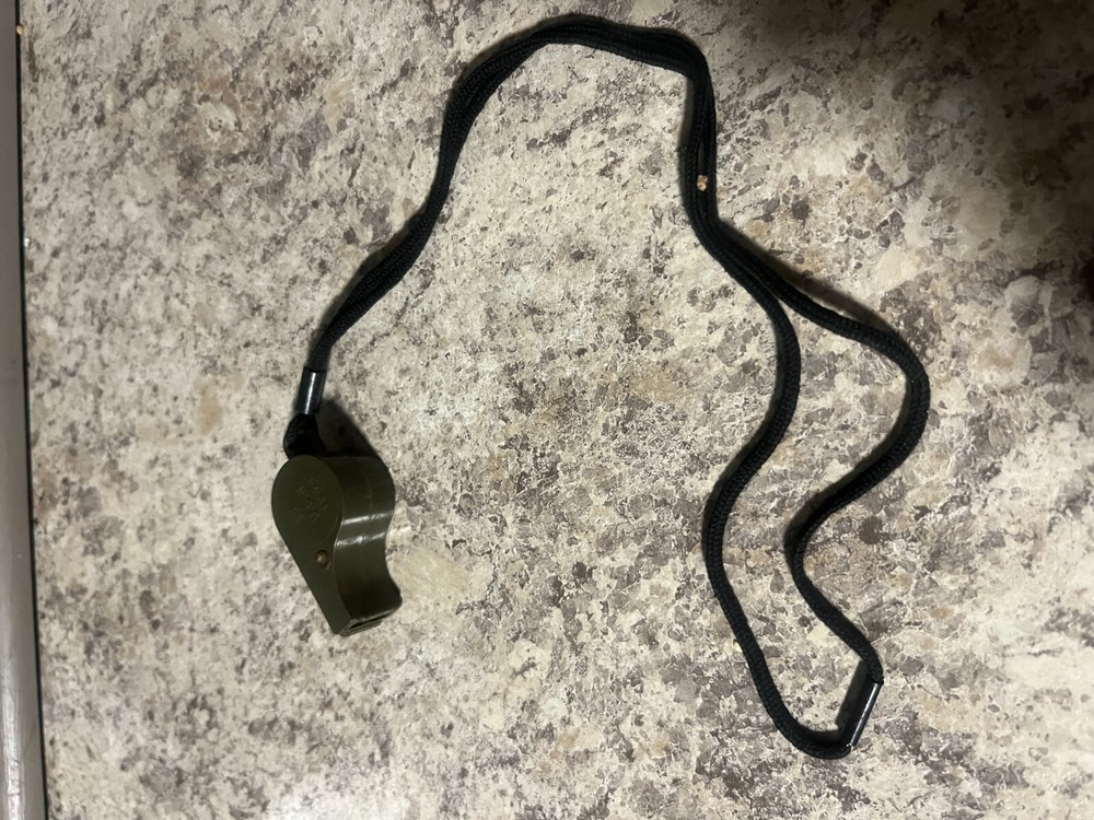 Vintage WW2 U.S. Navy 1944 dated OD Plastic Whistle with Black Lanyard Works!