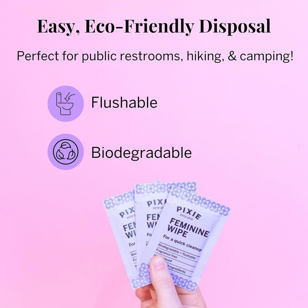 Pixie Feminine Wipes - Flushable, Biodegradable, pH Balanced & Unscented - In...