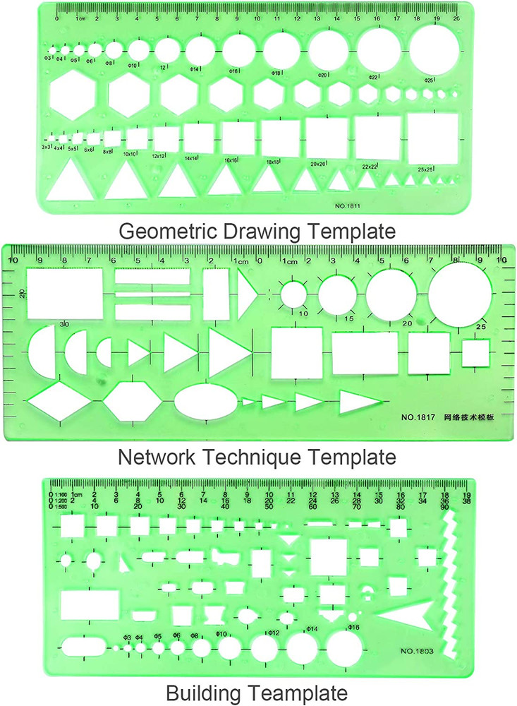 11PCS Geometric Drawings Templates Drafting Stencils Measuring Tools Plastic