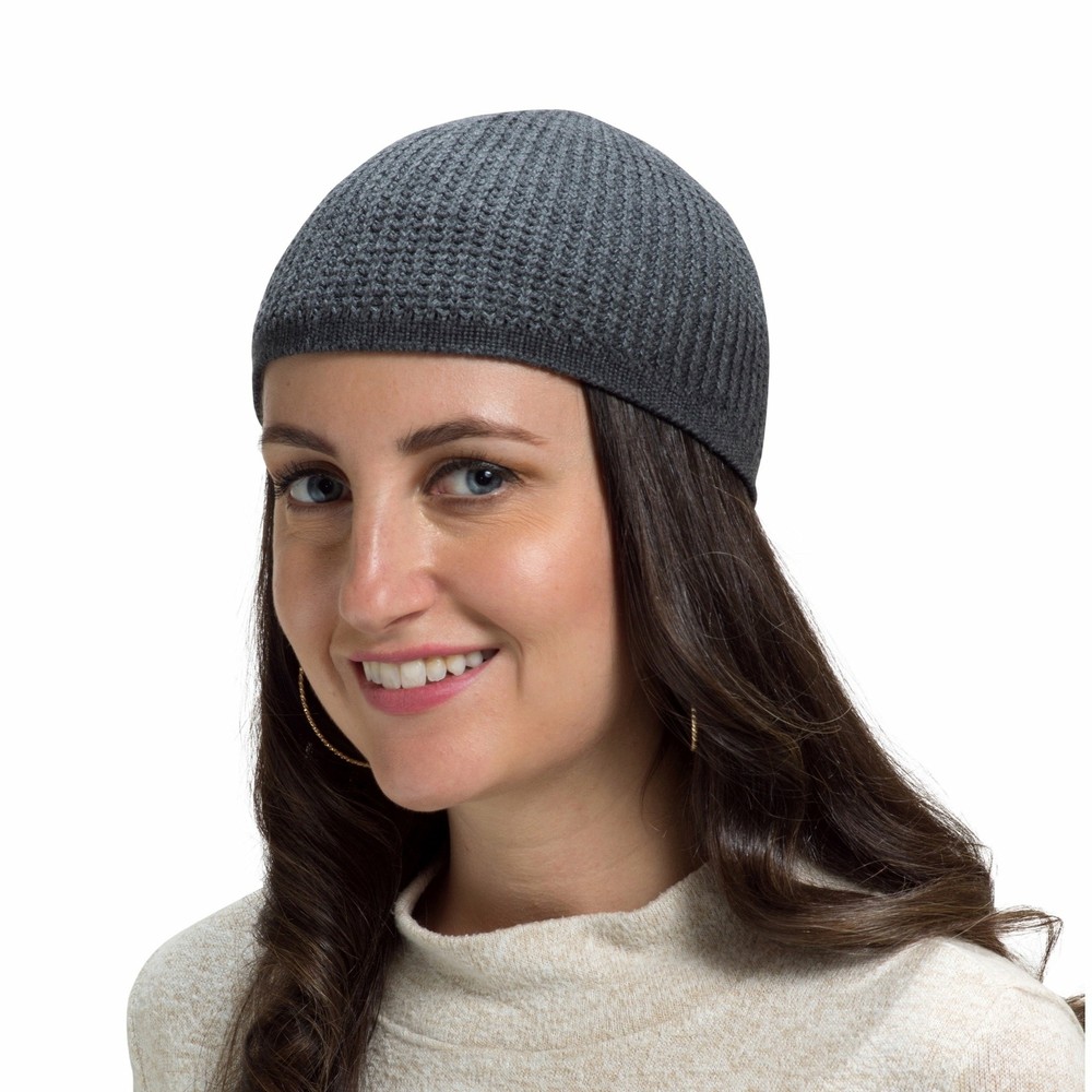 Solid Colored Elastic Skull Cap Kufi Hats with Ribbed Checkered Knit