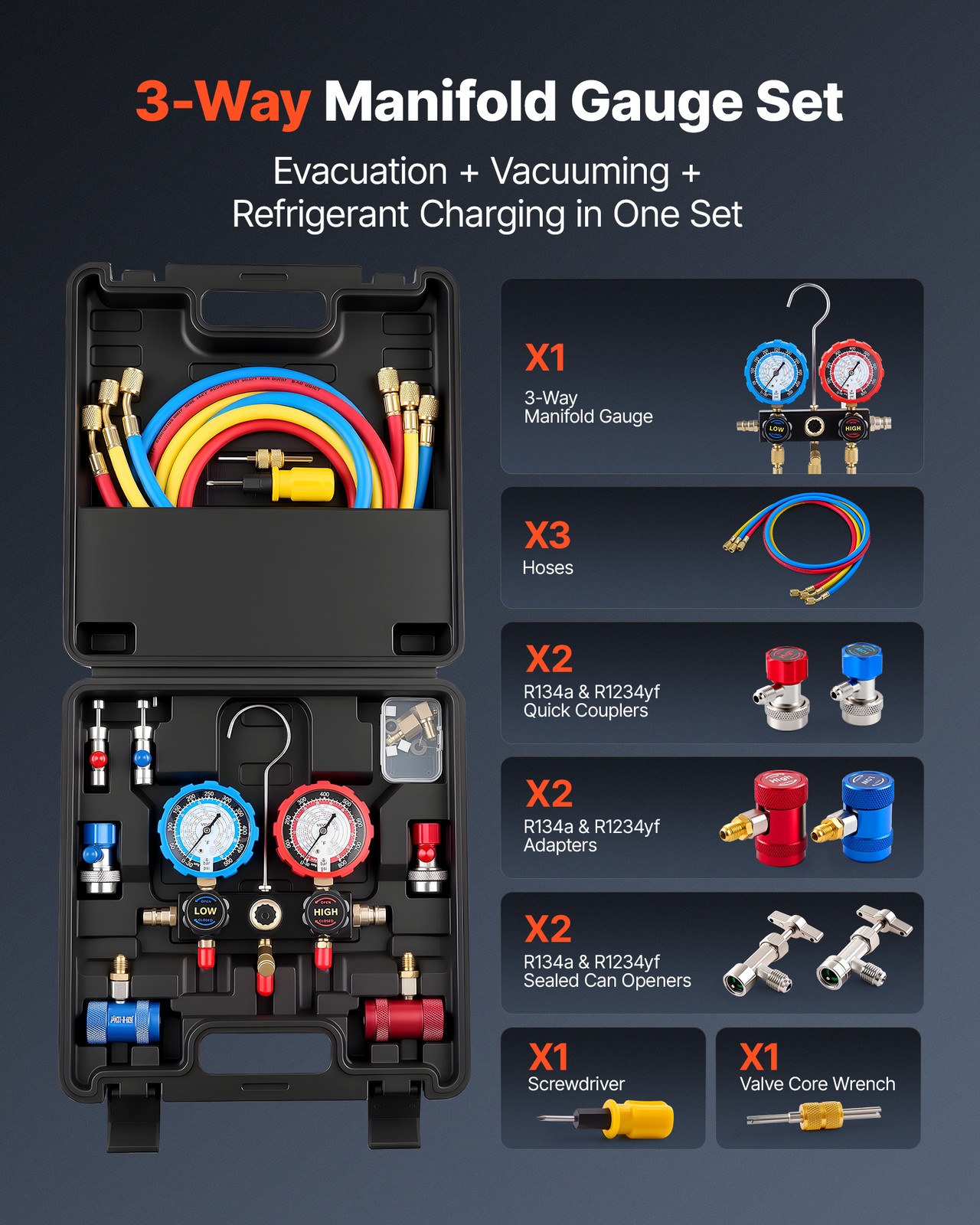 VEVOR AC Manifold Gauge Set 3-Way R134a R404A R1234yf R22 Refrigeration Charging