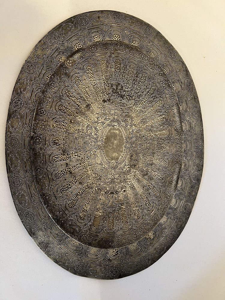 2 Vintage Silver-plate Round Oval Scroll Etched Trivet Hot Pad Plates Felt Back