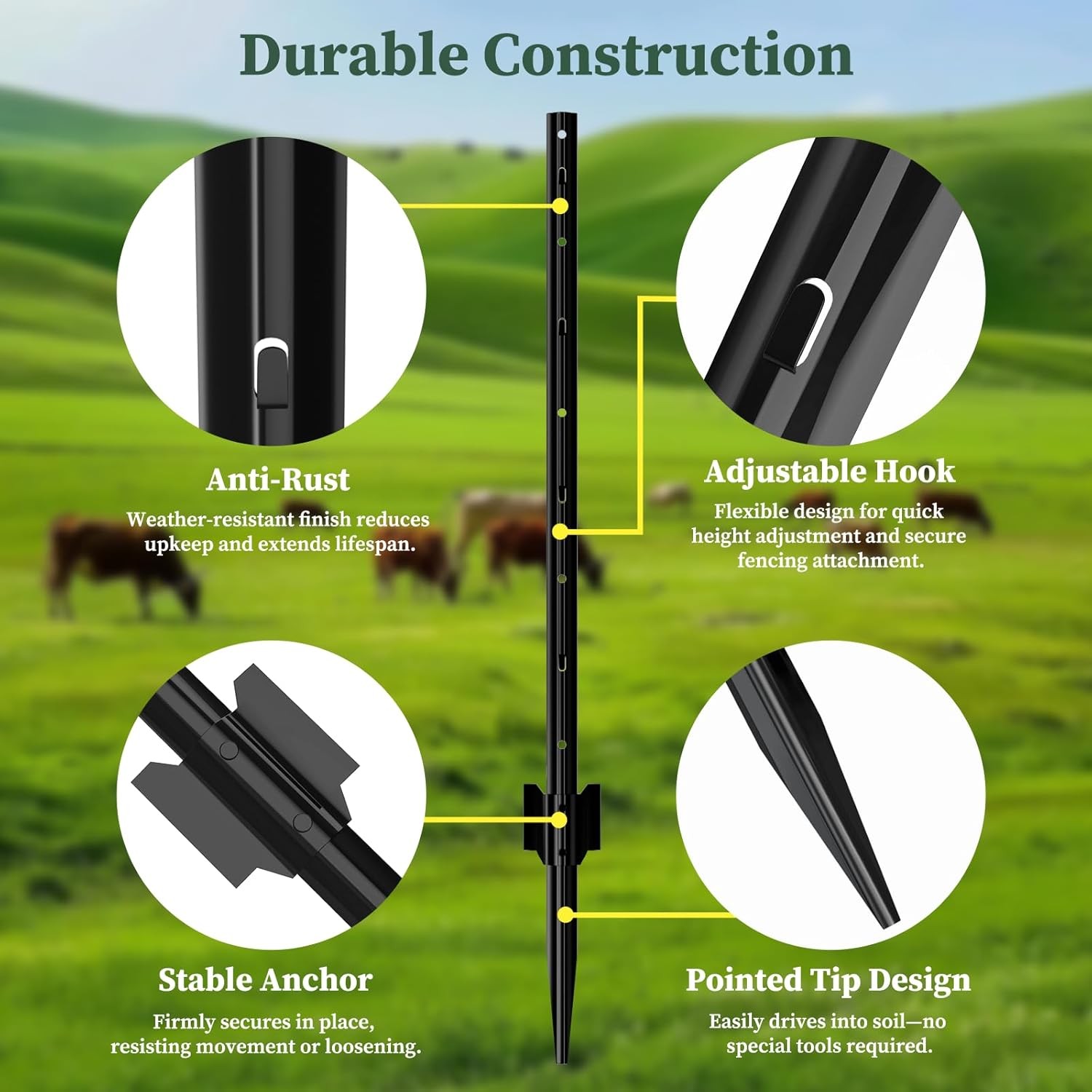 Metal Fence Post 5 Feet Black, Pack of 10, T Post for Wire Fence, Rustproof U Po